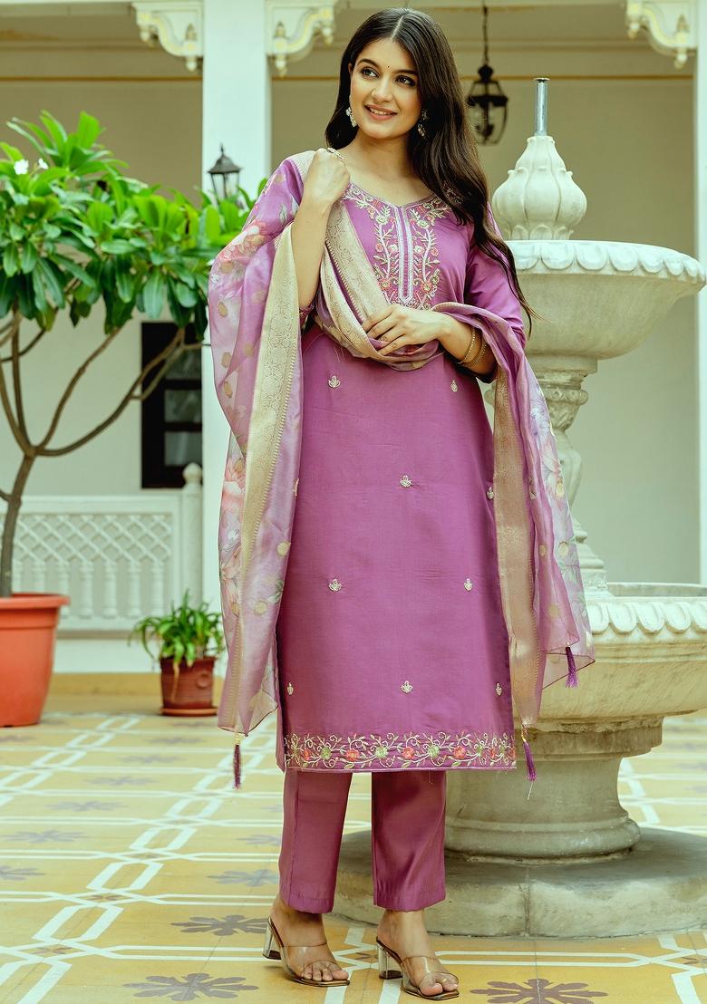 Pink Thread Work Chanderi Kurta Set - Indya