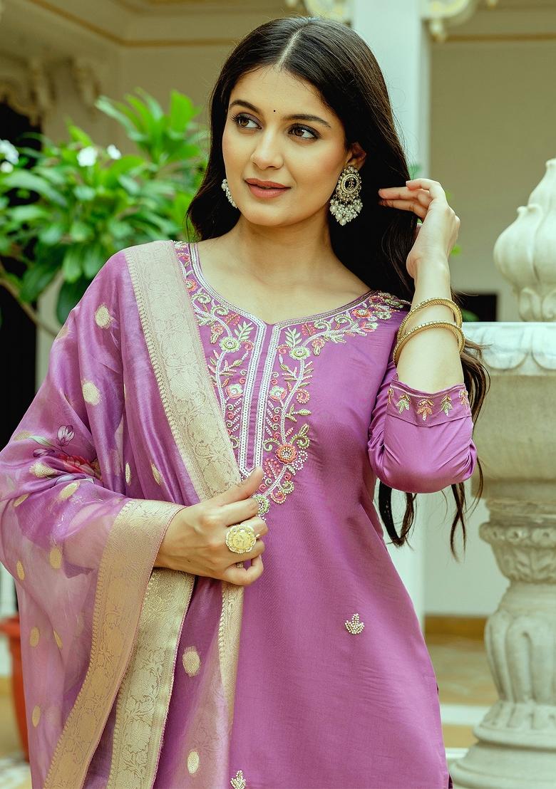 Pink Thread Work Chanderi Kurta Set - Indya