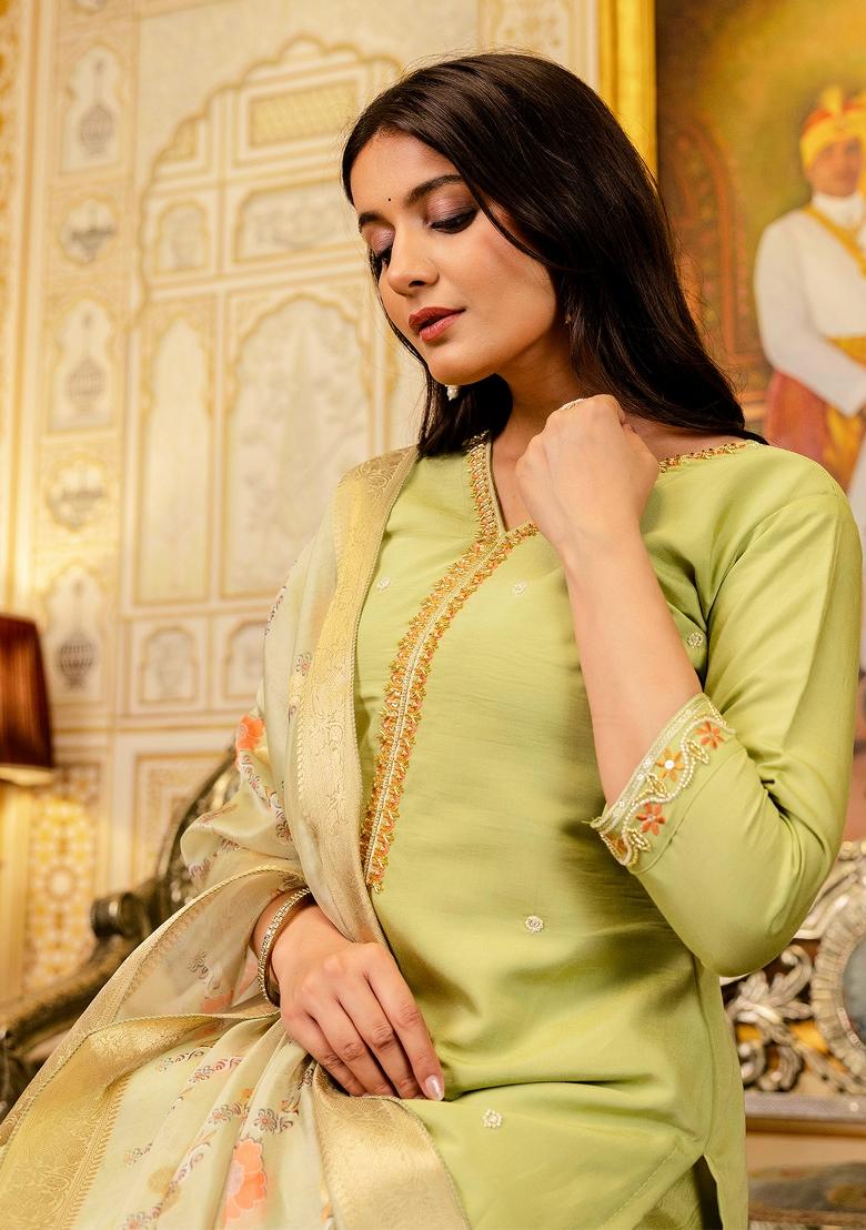 Lemon Thread Work Viscose Kurta Set - Indya