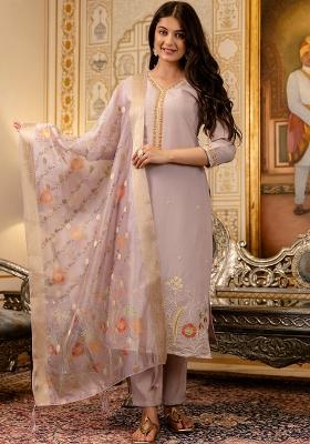 Lavender Thread Work Viscose Kurta Set