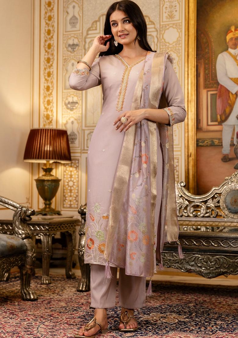 Lavender Thread Work Viscose Kurta Set - Indya