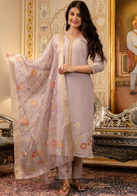 Lavender Thread Work Viscose Kurta Set