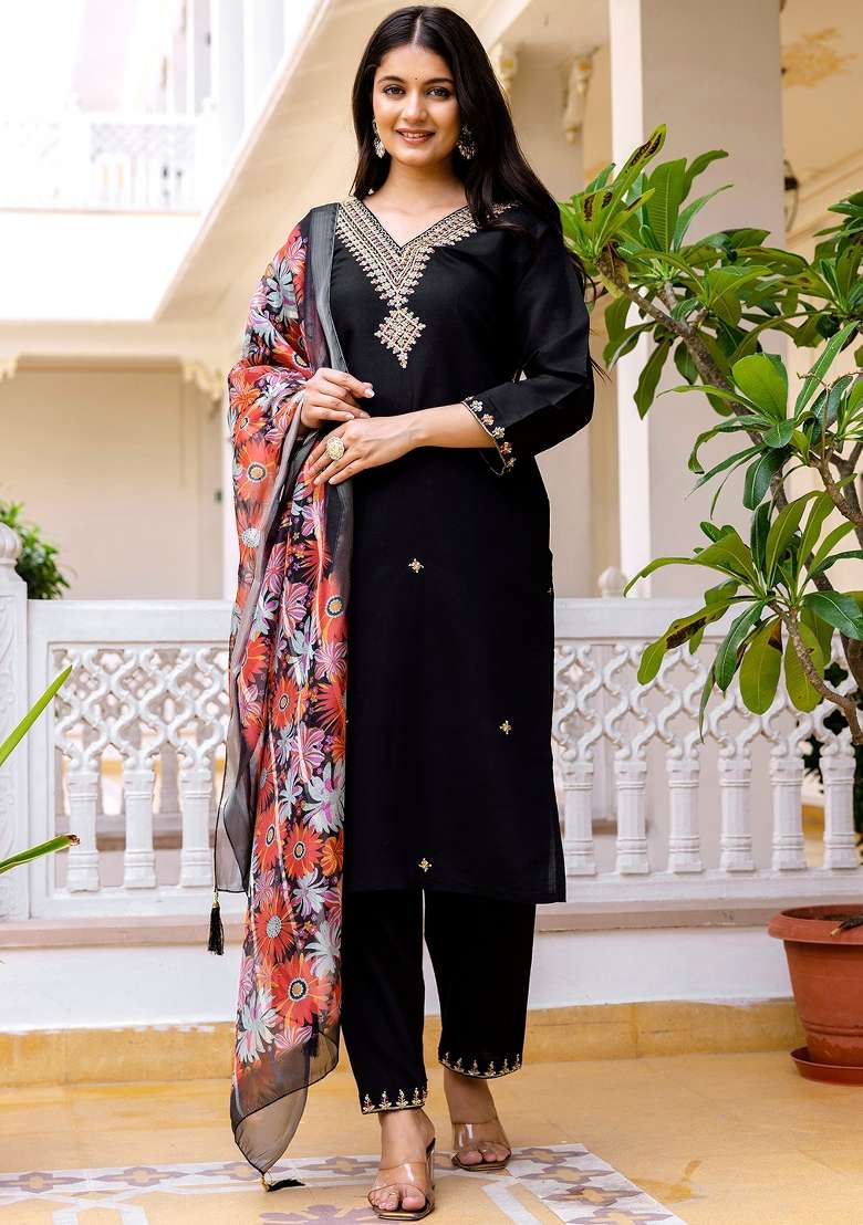 Black Embroidered Viscose Straight Kurta Set - Indya