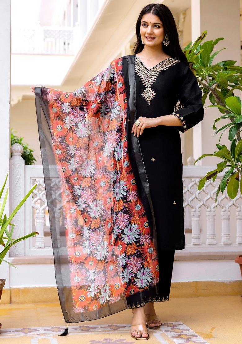 Black Thread Work Viscose Kurta Set - Indya