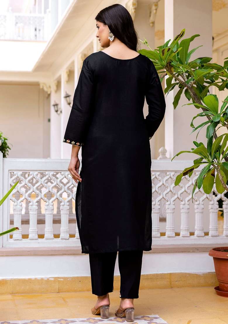 Black Embroidered Viscose Straight Kurta Set - Indya