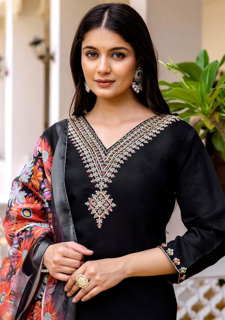 Black Thread Work Viscose Kurta Set - Indya