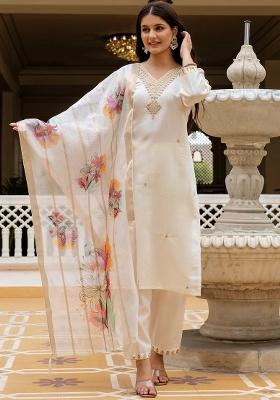 White Thread Work Viscose Kurta Set