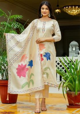 Cream Thread Work Viscose Kurta Set