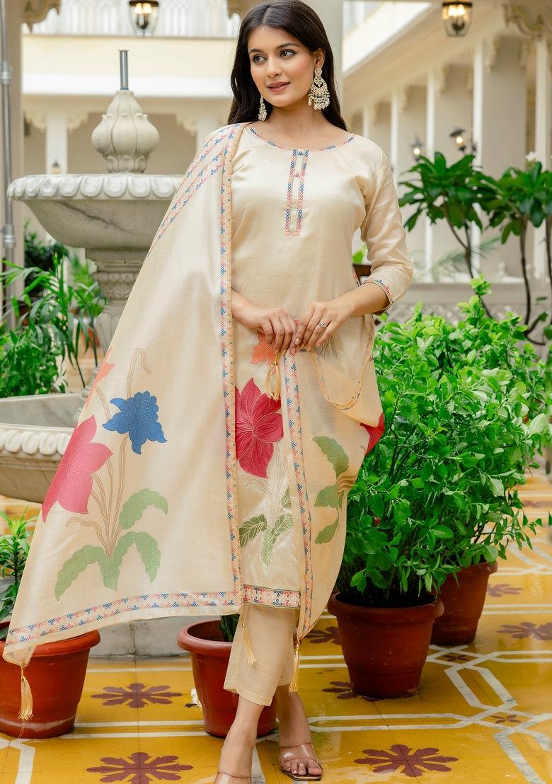 Cream Thread Work Viscose Kurta Set - Indya
