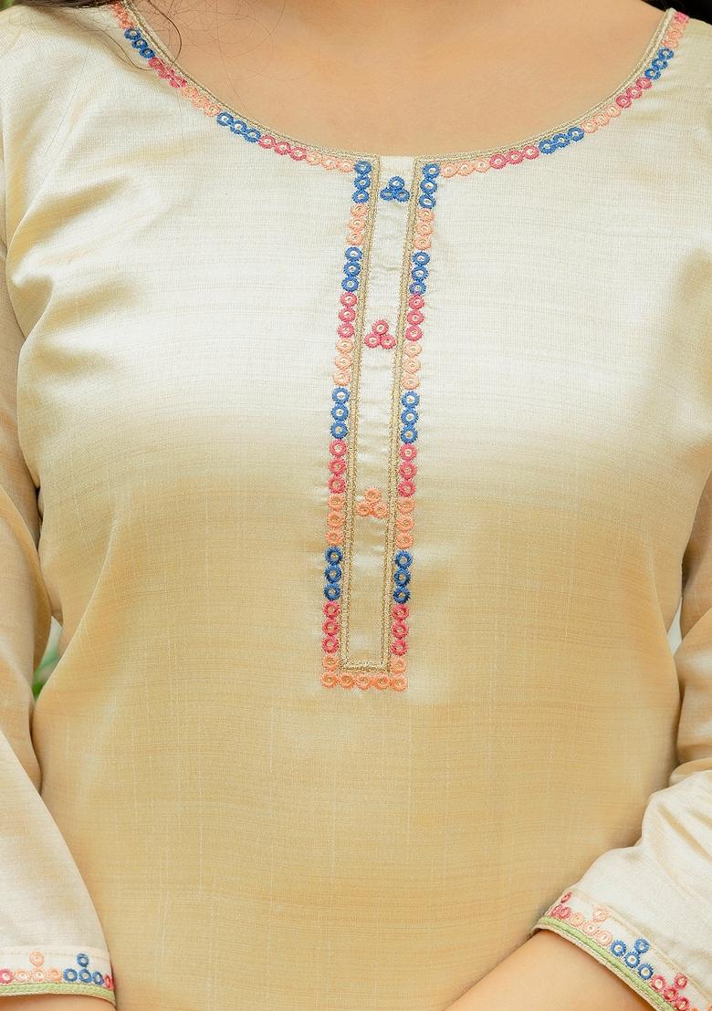 Cream Thread Work Viscose Kurta Set - Indya