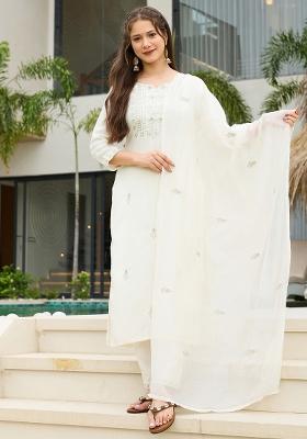 White Thread Work Rayon Kurta Set
