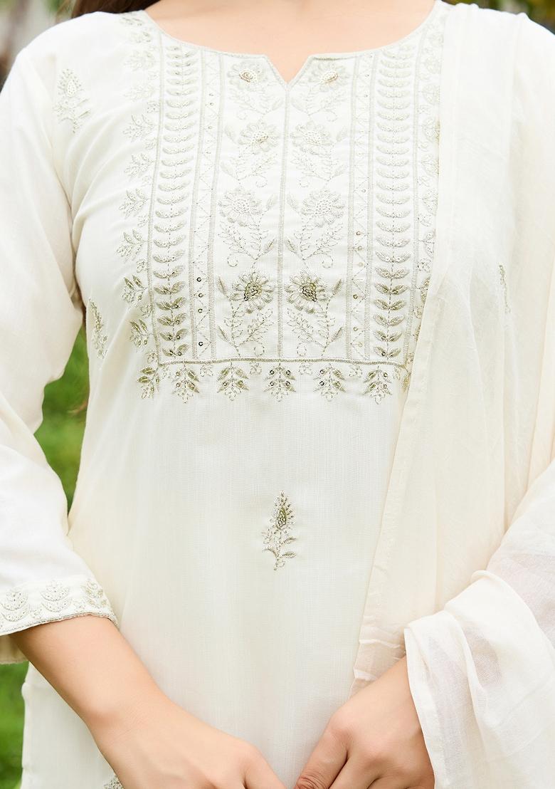 White Thread Work Rayon Kurta Set - Indya