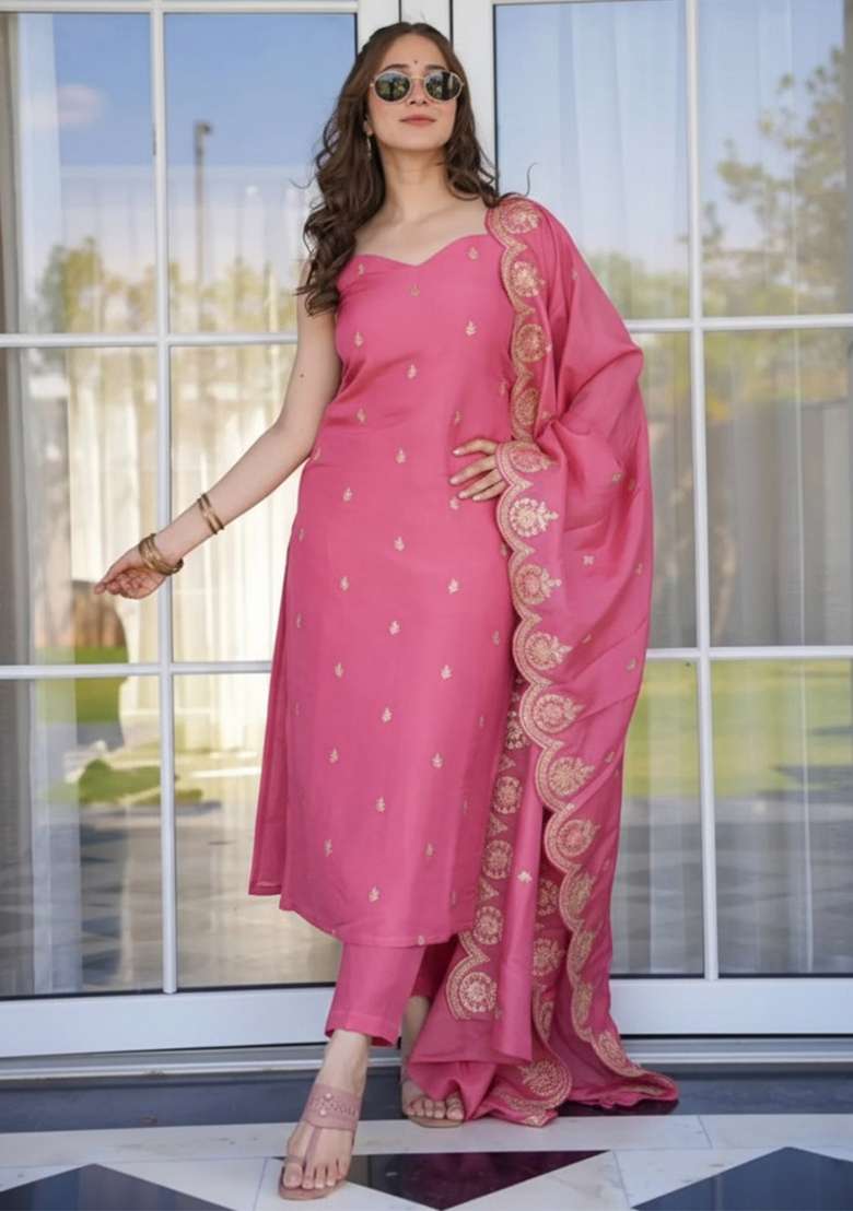 Peach Embroidered Viscose Straight Kurta Set - Indya