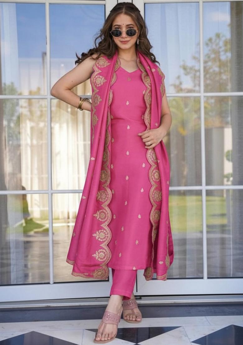 Peach Thread Work Viscose Kurta Set - Indya