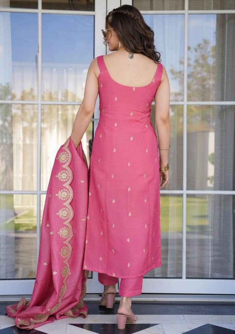 Peach Embroidered Viscose Straight Kurta Set - Indya