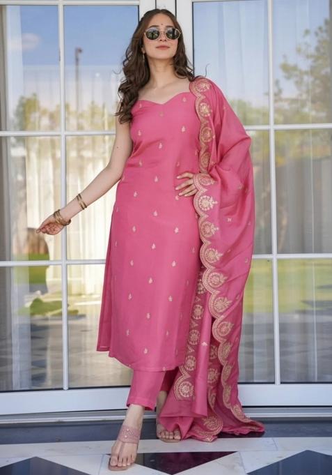 Peach Thread Work Viscose Kurta Set