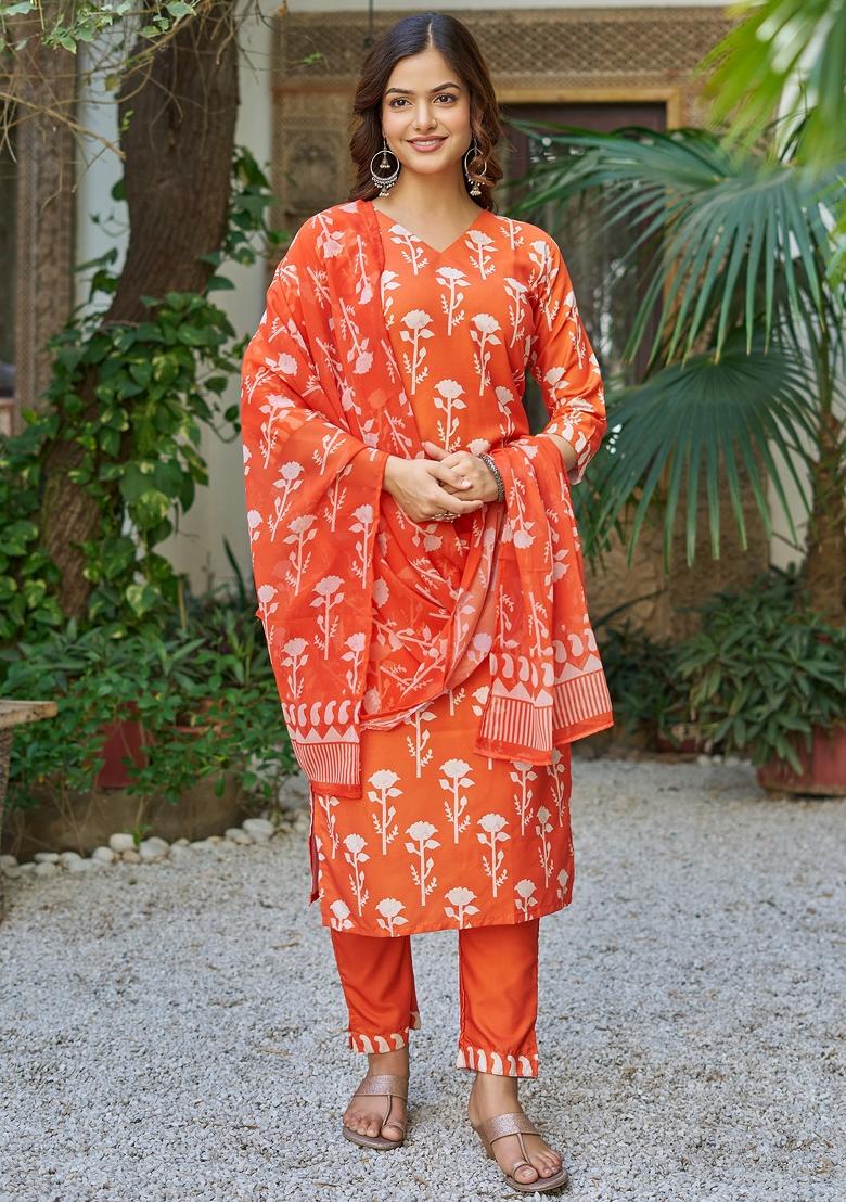 Orange Floral Print Cotton Kurta Set - Indya