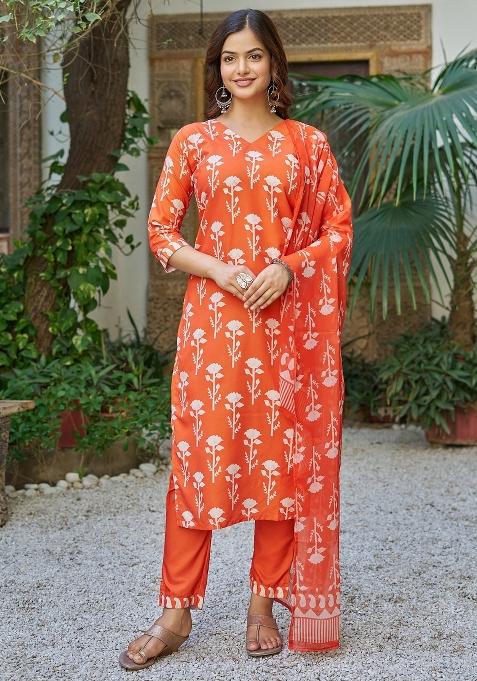 Orange Floral Print Cotton Kurta Set