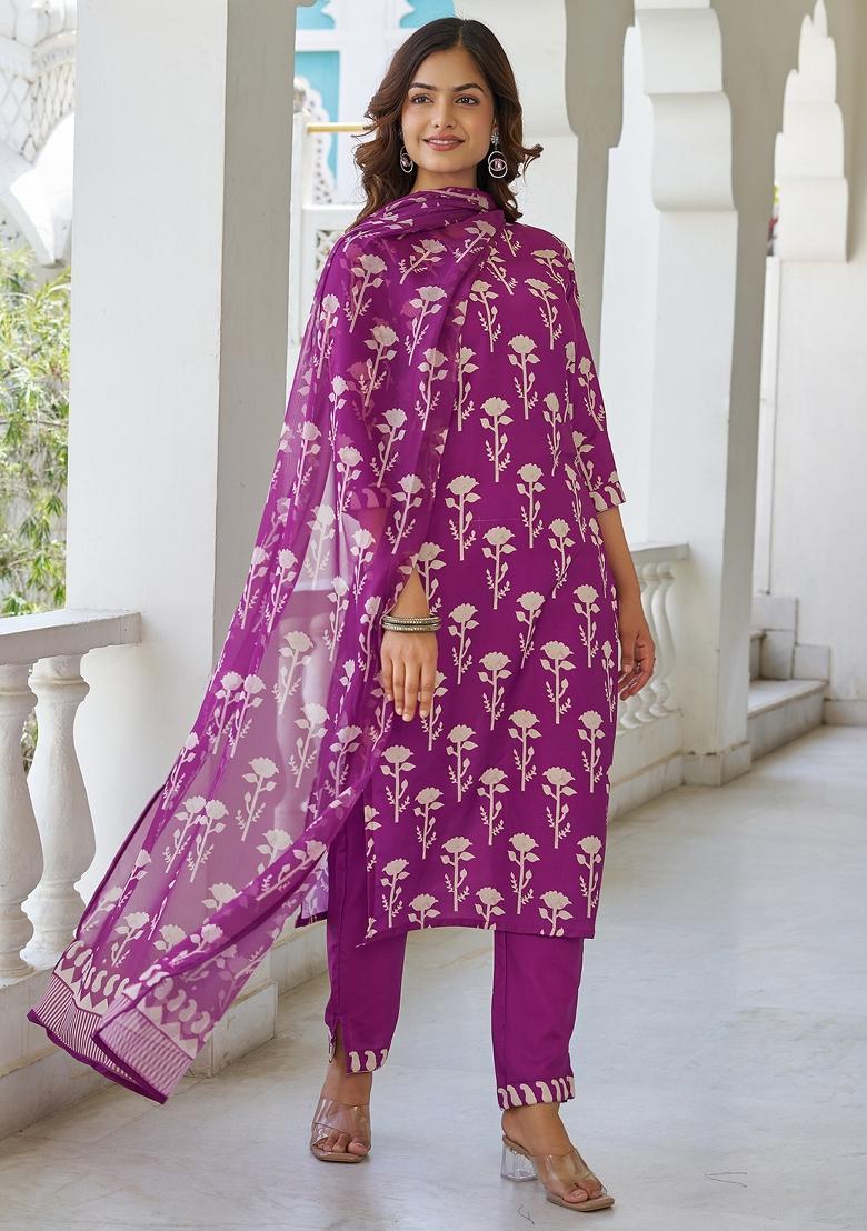 Wine Floral Print Cotton Kurta Set - Indya