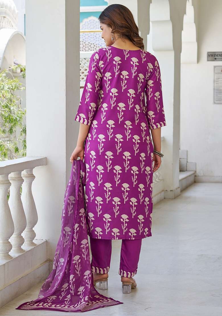 Wine Floral Print Cotton Straight Kurta Set - Indya