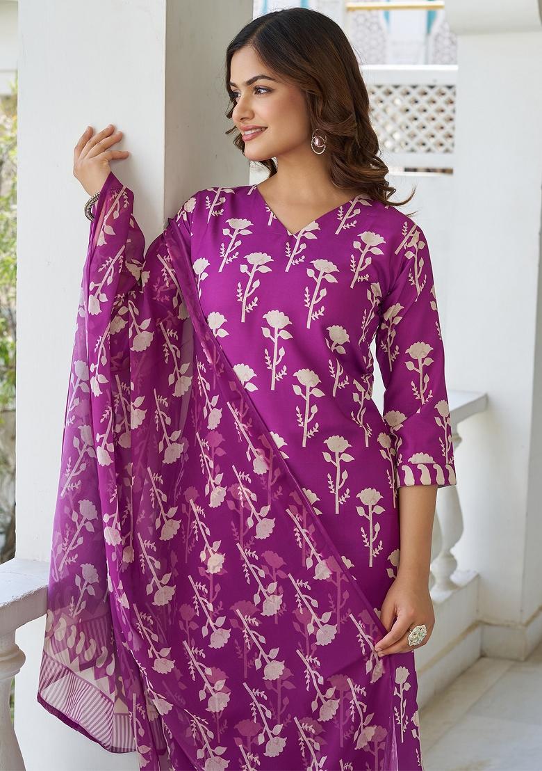Wine Floral Print Cotton Kurta Set - Indya