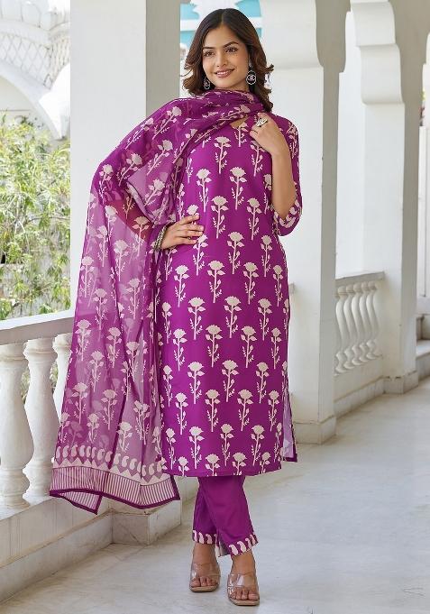 Wine Floral Print Cotton Kurta Set