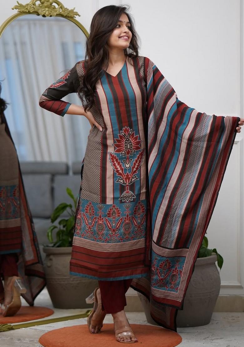 Multicolor Floral Print Rayon Kurta Set - Indya