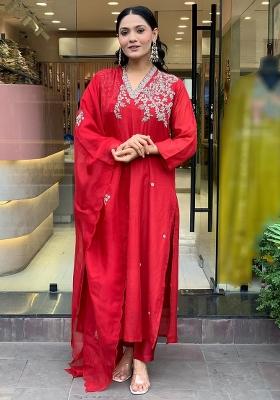 Red Thread Work Chanderi Kurta Set