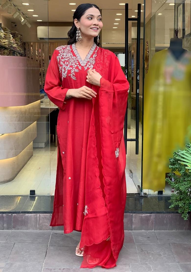 Red Thread Work Chanderi Kurta Set - Indya