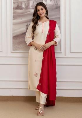 Cream Thread Work Chanderi Kurta Set
