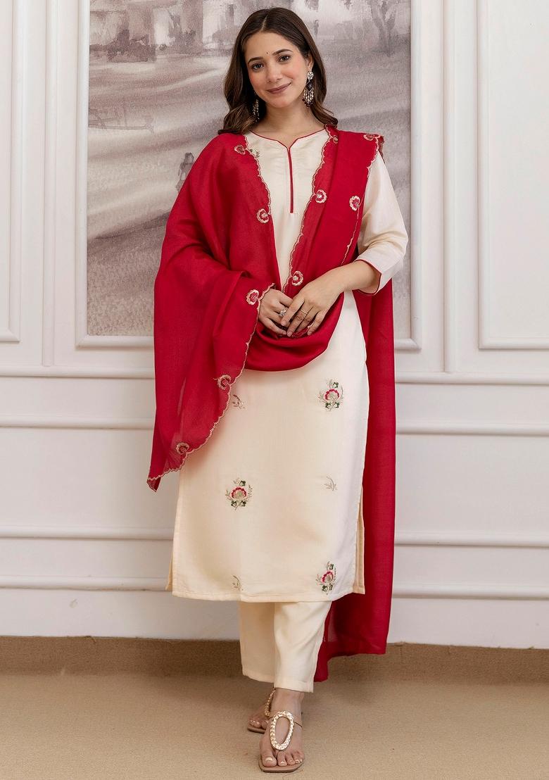 Cream Thread Work Chanderi Kurta Set - Indya