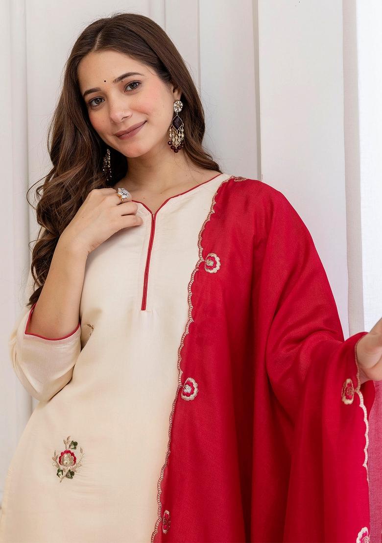 Cream Thread Work Chanderi Kurta Set - Indya