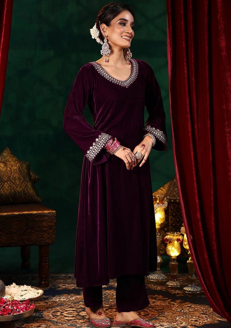 Maroon Thread Work Velvet Kurta Set - Indya
