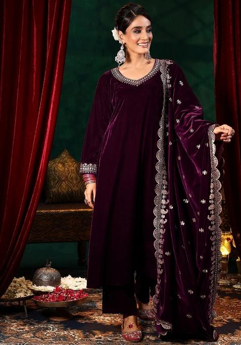 Maroon Thread Work Velvet Kurta Set