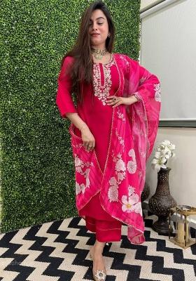 Rani Pink Thread Work Viscose Kurta Set