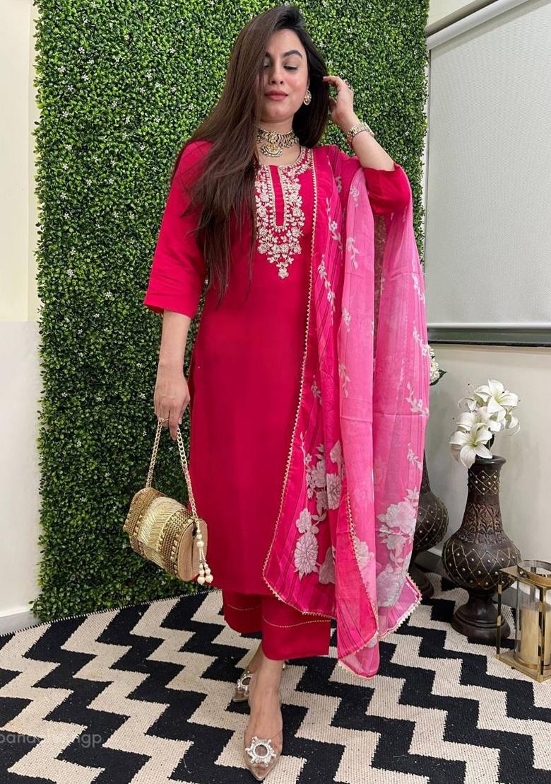 Rani Pink Thread Work Viscose Kurta Set - Indya