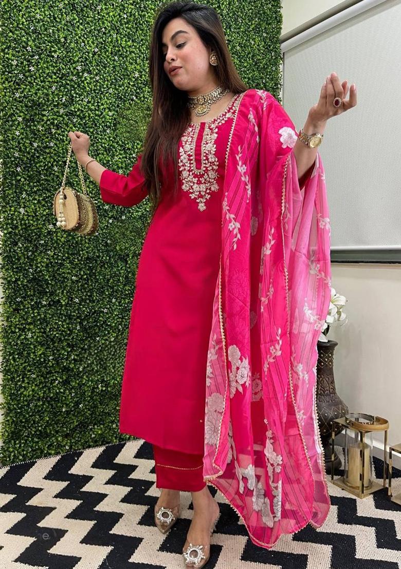 Rani Pink Thread Work Viscose Kurta Set - Indya