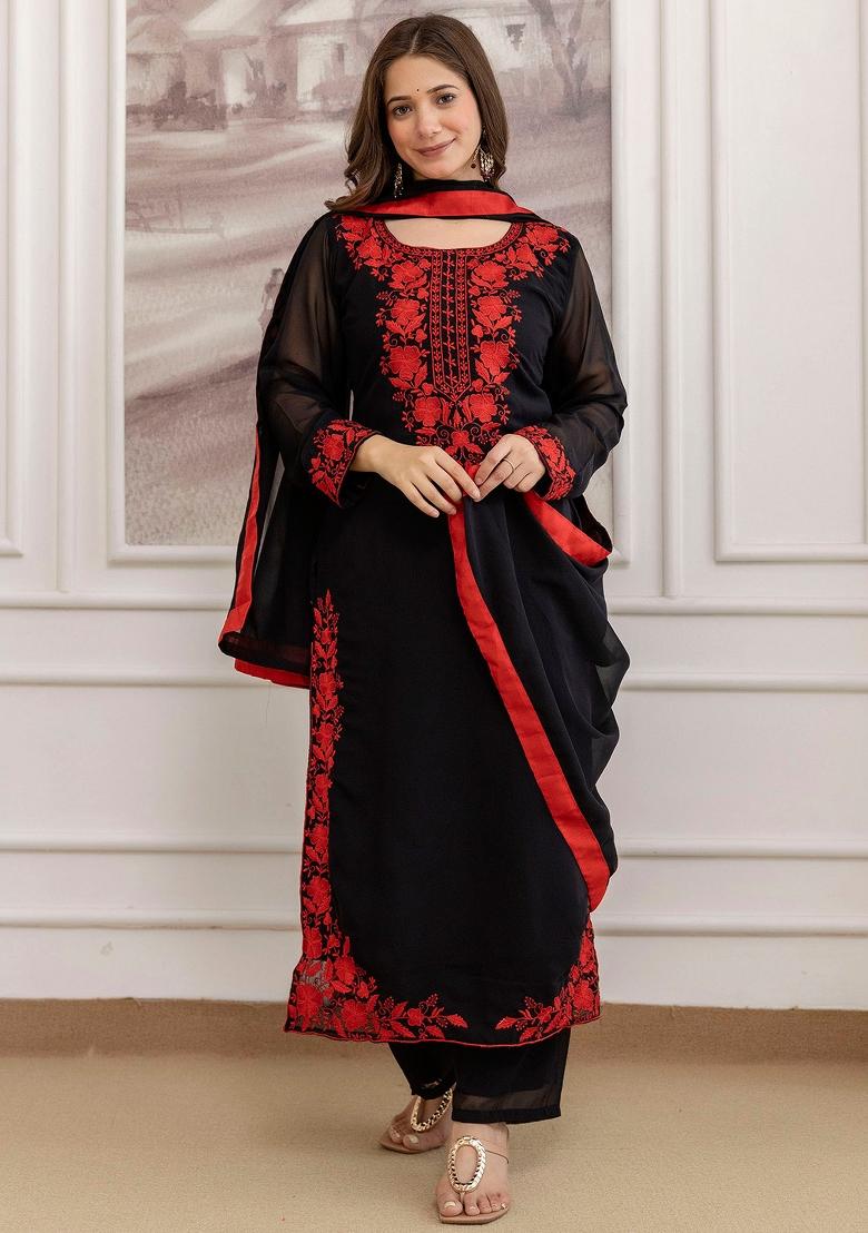 Black Thread Work Georgette Kurta Set - Indya