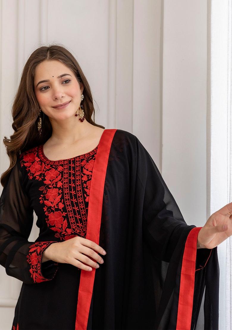 Black Thread Work Georgette Kurta Set - Indya