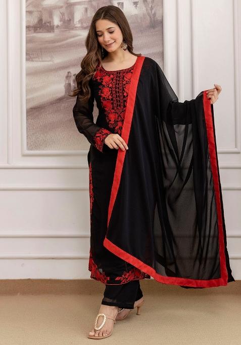Black Thread Work Georgette Kurta Set