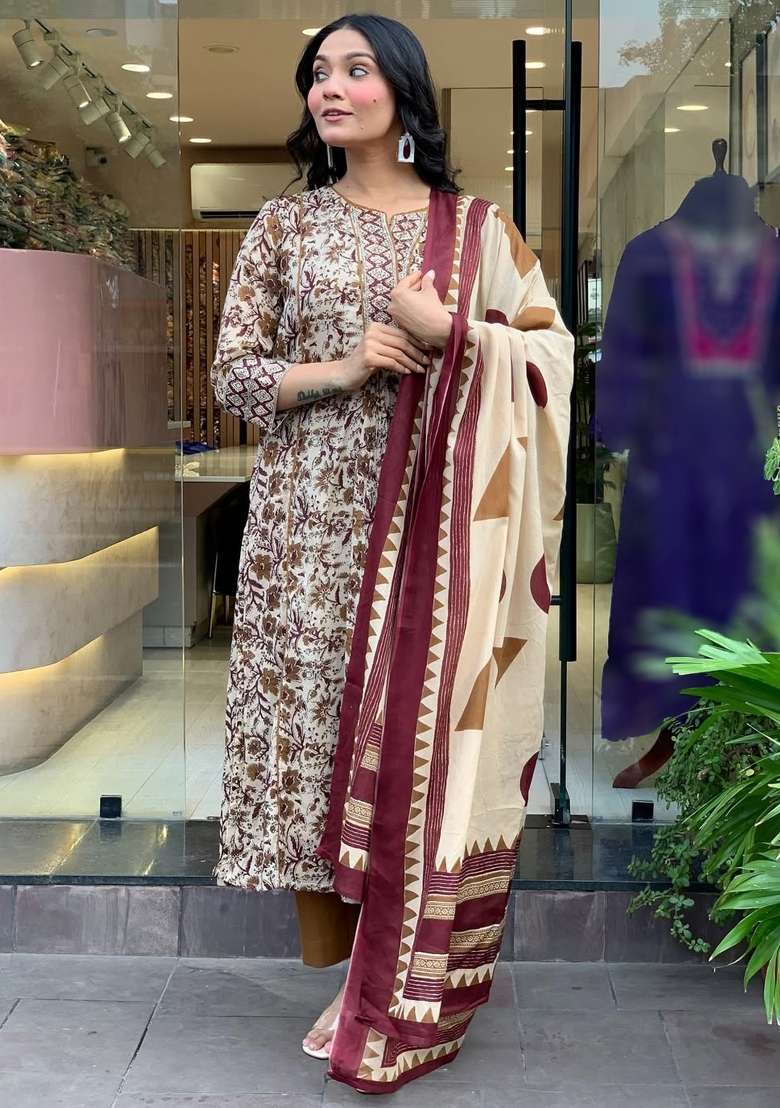 Cream Floral Print Cotton Straight Kurta Set - Indya