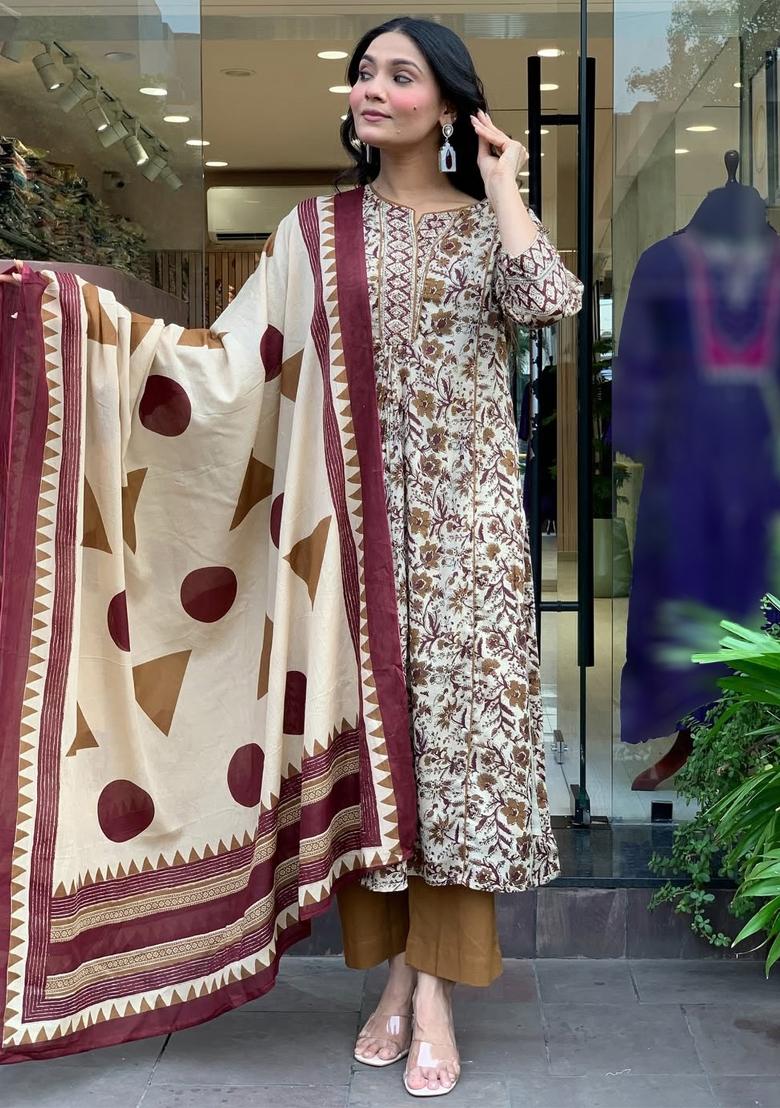 Cream Floral Print Cotton Kurta Set - Indya