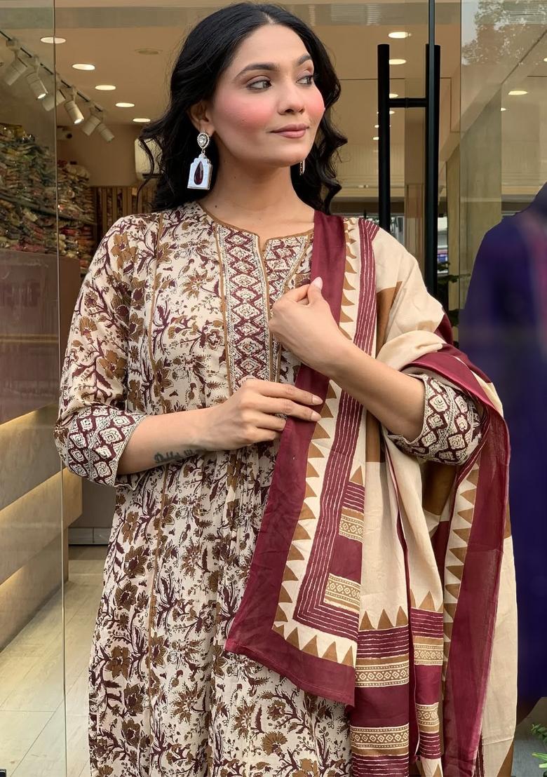 Cream Floral Print Cotton Kurta Set - Indya