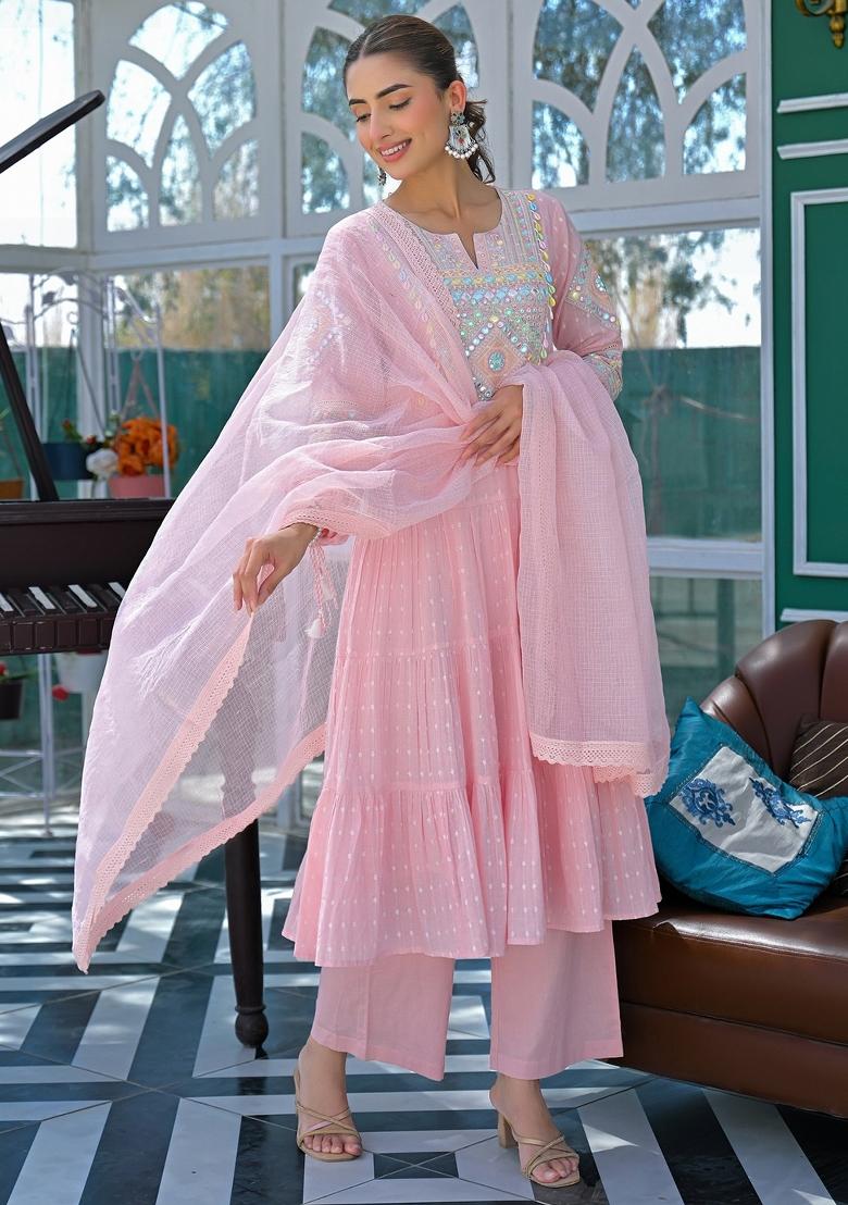 Pink Thread Work Cotton Kurta Set - Indya