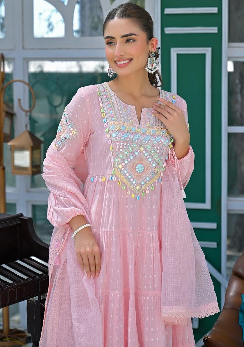 Pink Thread Work Cotton Kurta Set - Indya