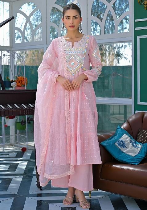 Pink Thread Work Cotton Kurta Set