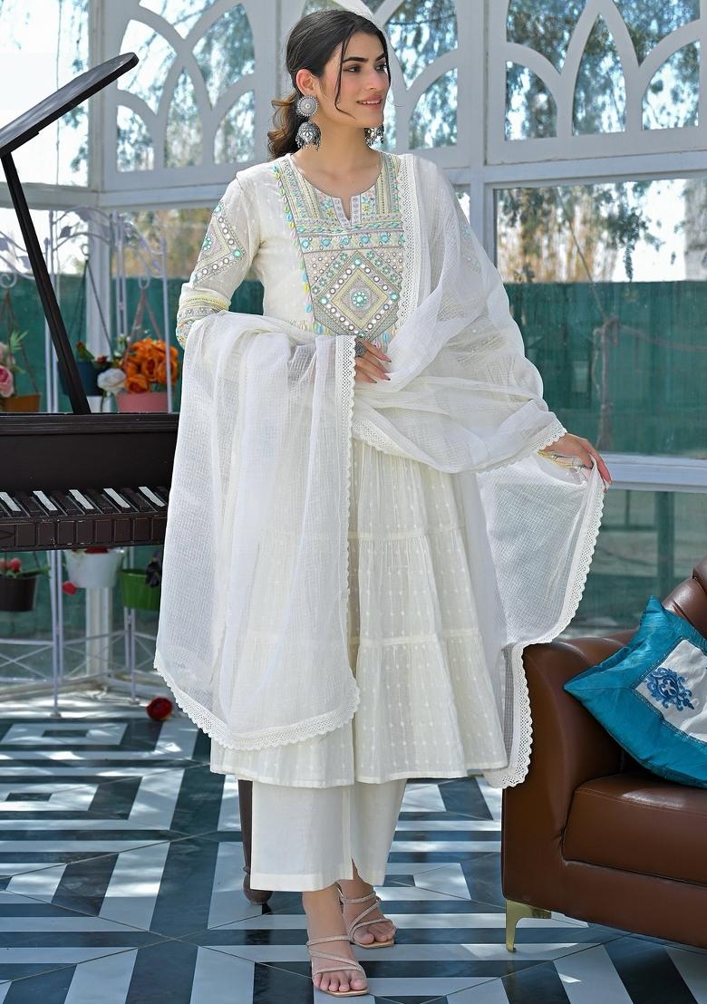 White Thread Work Cotton Kurta Set - Indya