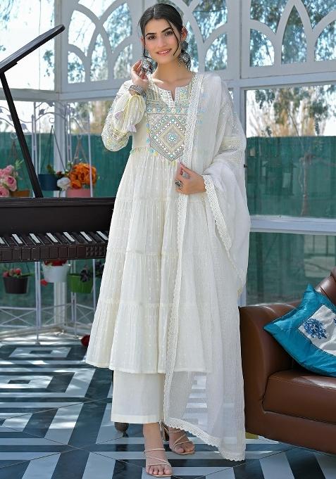 White Thread Work Cotton Kurta Set