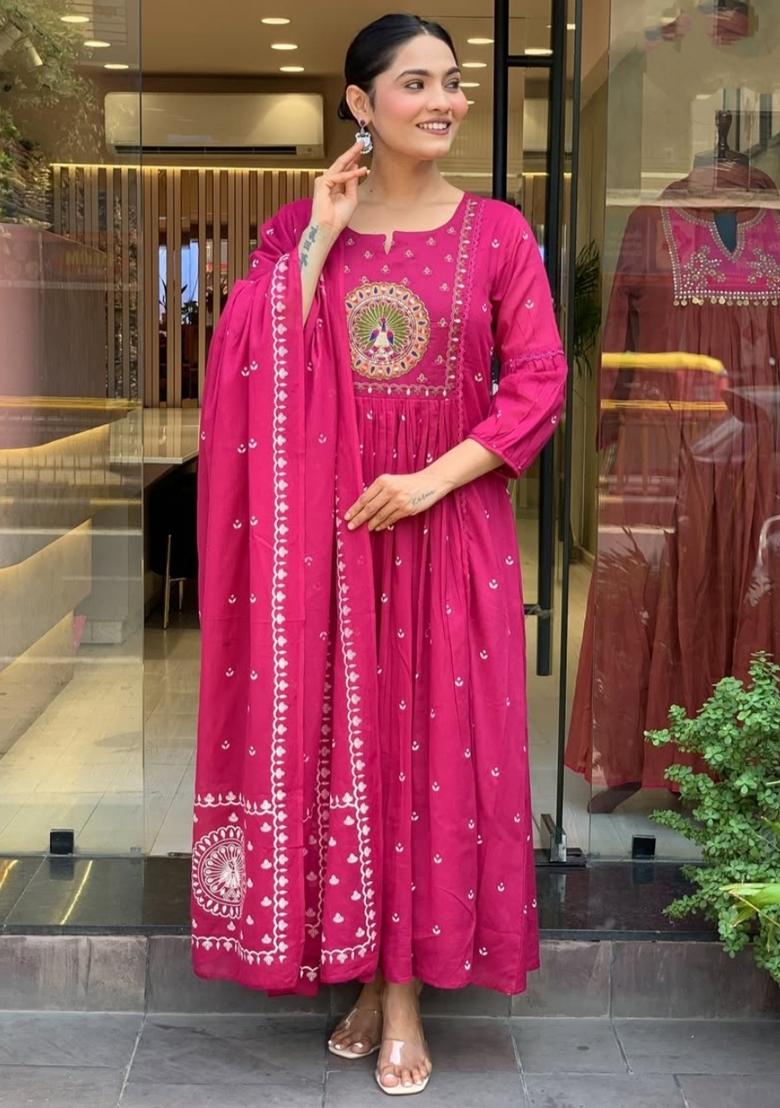 Rani Pink Thread Work Cotton Kurta Set - Indya