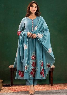 Blue Thread Work Chanderi Kurta Set